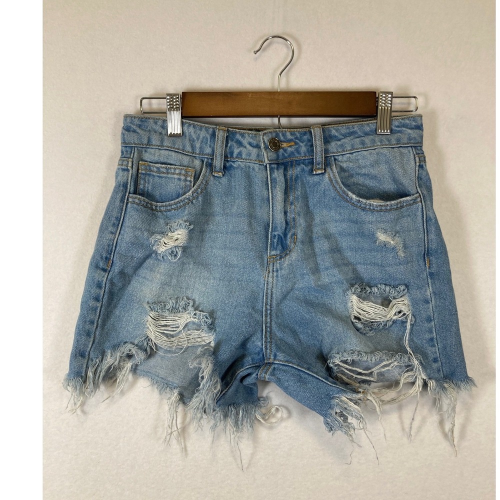Distressed Boho Cello Sm Light Blue High Rise Frayed Denim Shorts WV46348-1
